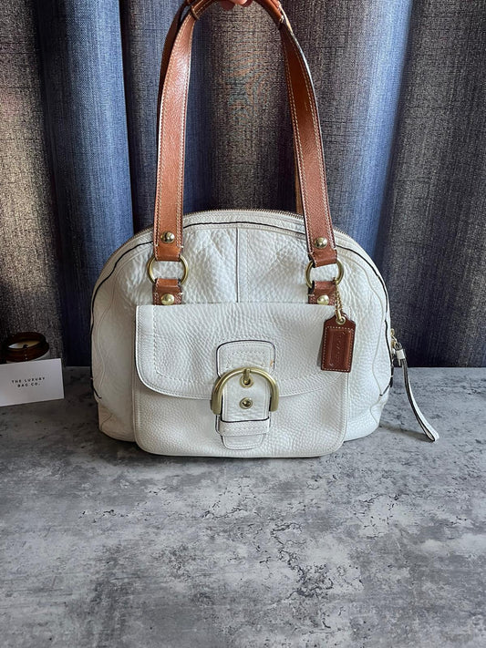 Vintage Coach Soho Handbag White/ Brown Leather Buckle Flap Authentic Y2k
Good condition